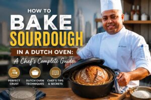 "Professional chef holding a Dutch oven with a freshly baked sourdough loaf in a modern kitchen, featuring the title 'How to Bake Sourdough in a Dutch Oven: A Chef's Complete Guide' and icons highlighting perfect crust, Dutch oven techniques, and chef's baking tips."