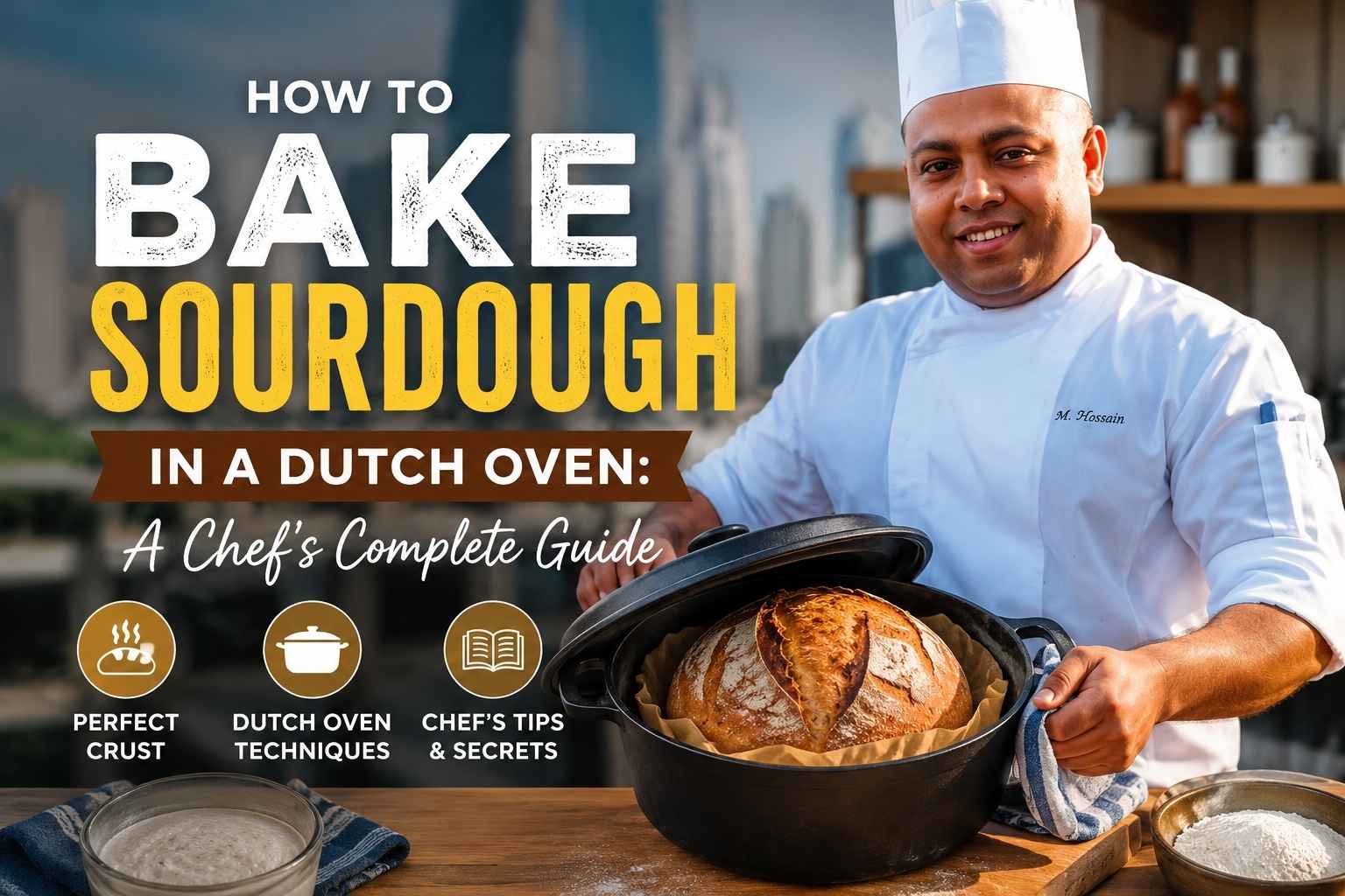"Professional chef holding a Dutch oven with a freshly baked sourdough loaf in a modern kitchen, featuring the title 'How to Bake Sourdough in a Dutch Oven: A Chef's Complete Guide' and icons highlighting perfect crust, Dutch oven techniques, and chef's baking tips."