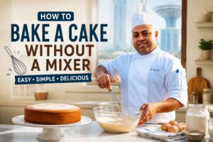 A smiling chef in a white uniform stands in a bright kitchen, whisking cake batter by hand in a glass mixing bowl. A freshly baked cake sits on a cake stand beside ingredients including eggs and flour. Large text on the left reads, “How to Bake a Cake Without a Mixer – Easy • Simple • Delicious,” highlighting a beginner-friendly homemade baking tutorial.