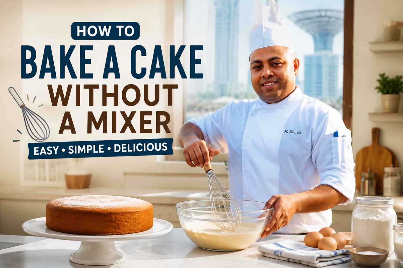 A smiling chef in a white uniform stands in a bright kitchen, whisking cake batter by hand in a glass mixing bowl. A freshly baked cake sits on a cake stand beside ingredients including eggs and flour. Large text on the left reads, “How to Bake a Cake Without a Mixer – Easy • Simple • Delicious,” highlighting a beginner-friendly homemade baking tutorial.