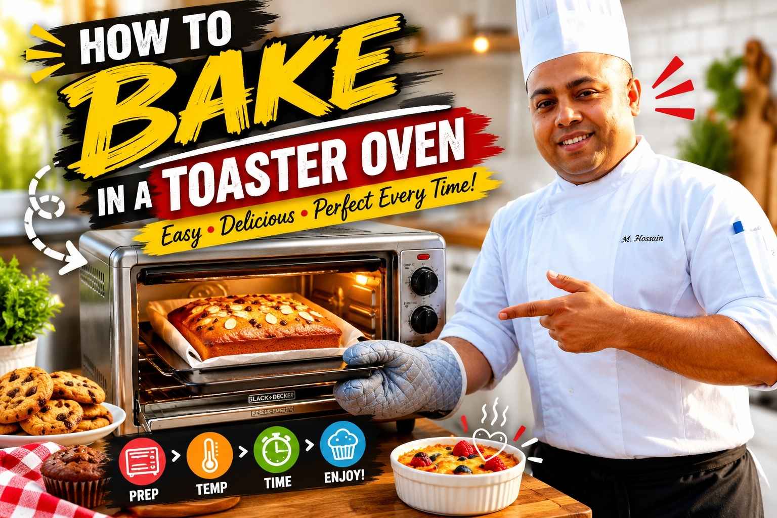 "Professional chef in a white uniform and chef’s hat standing on a waterfront boardwalk with a modern city skyline in the background. The chef smiles while leaning on a metal railing beside the water, creating a friendly and professional image suitable for a baking or cooking tutorial article titled 'How to Bake in a Toaster Oven.'"
