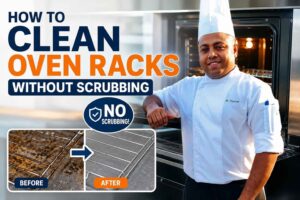 A professional chef in a white uniform and tall chef hat stands beside an open oven, smiling confidently. Large bold text reads “How to Clean Oven Racks Without Scrubbing.” A before-and-after comparison shows a dirty oven rack transformed into a clean, shiny rack, with a “No Scrubbing!” badge highlighting the cleaning method. The bright, modern kitchen background and high-contrast design create an eye-catching feature image for an oven-cleaning guide.