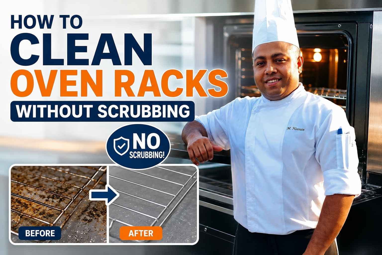 A professional chef in a white uniform and tall chef hat stands beside an open oven, smiling confidently. Large bold text reads “How to Clean Oven Racks Without Scrubbing.” A before-and-after comparison shows a dirty oven rack transformed into a clean, shiny rack, with a “No Scrubbing!” badge highlighting the cleaning method. The bright, modern kitchen background and high-contrast design create an eye-catching feature image for an oven-cleaning guide.