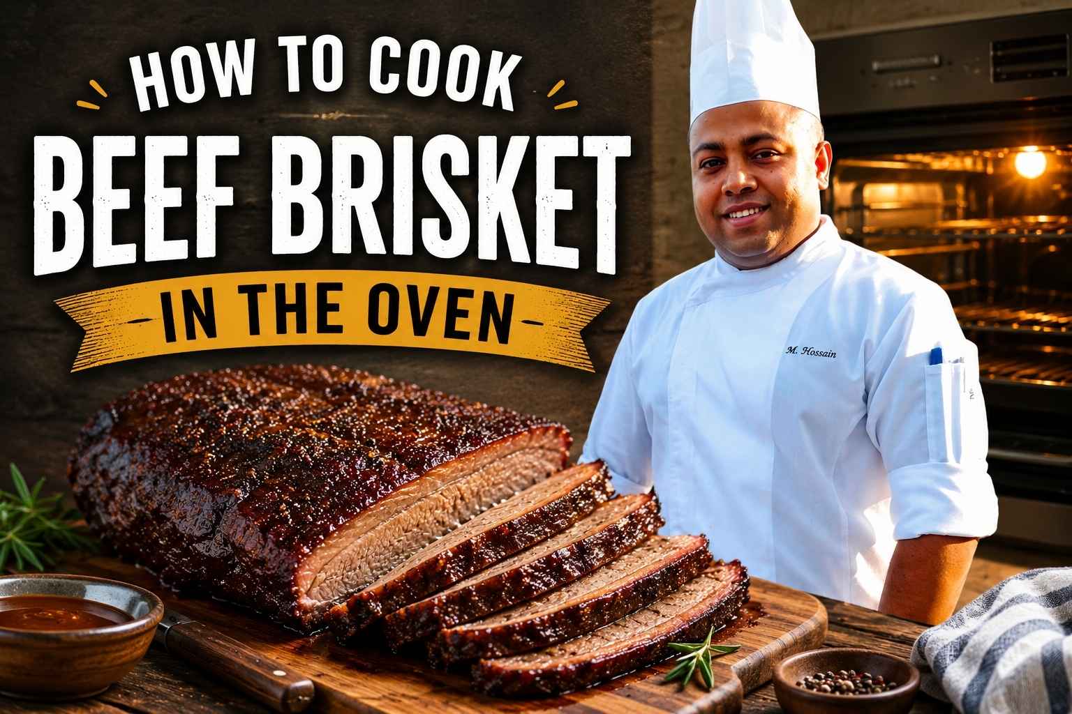Professional chef in a white uniform standing beside a wooden board with sliced oven-cooked beef brisket. A glowing oven in the background highlights the tender, juicy meat, while bold text reads “How to Cook Beef Brisket in the Oven.” The warm kitchen setting creates an inviting and instructional cooking tutorial feature image.