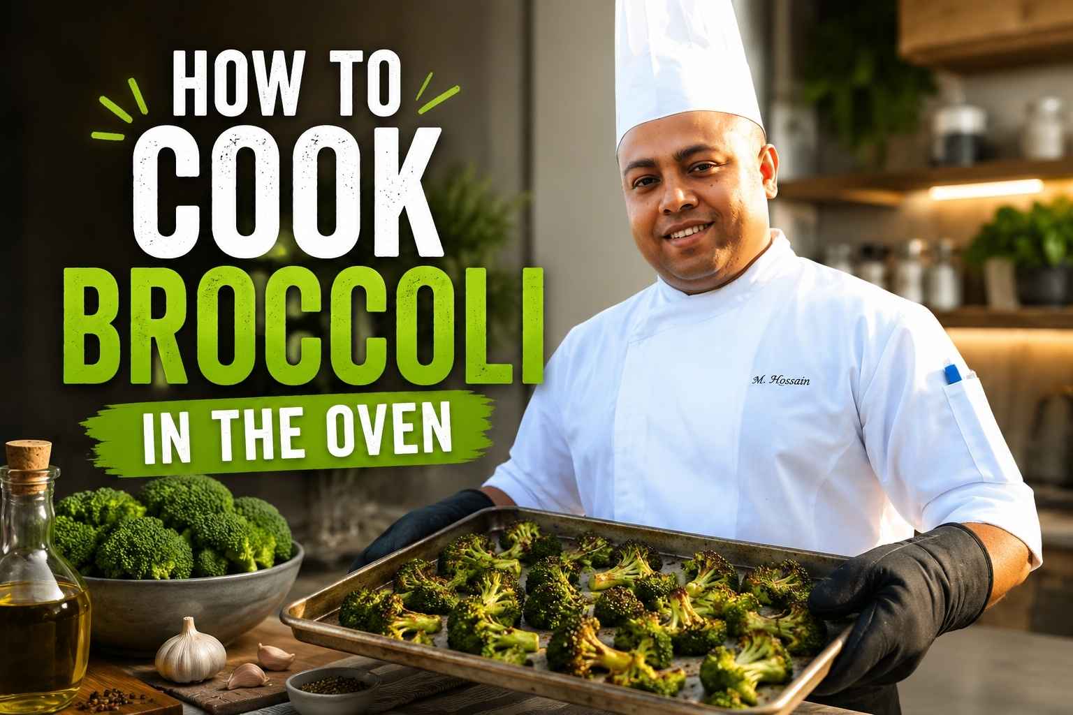A smiling chef in a white uniform and tall chef hat holds a baking tray filled with roasted broccoli in a modern kitchen. Fresh broccoli, olive oil, garlic, and seasonings are displayed on a wooden countertop. Large text on the left reads “How to Cook Broccoli in the Oven,” making it a featured image for a broccoli roasting guide.