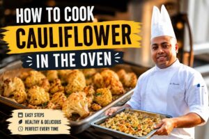 Professional chef in a white chef’s jacket and hat standing on a waterfront boardwalk with a modern city skyline in the background. The chef smiles while leaning on a railing beside the water, creating a welcoming and professional cooking-themed image suitable for an article about how to cook cauliflower in the oven.