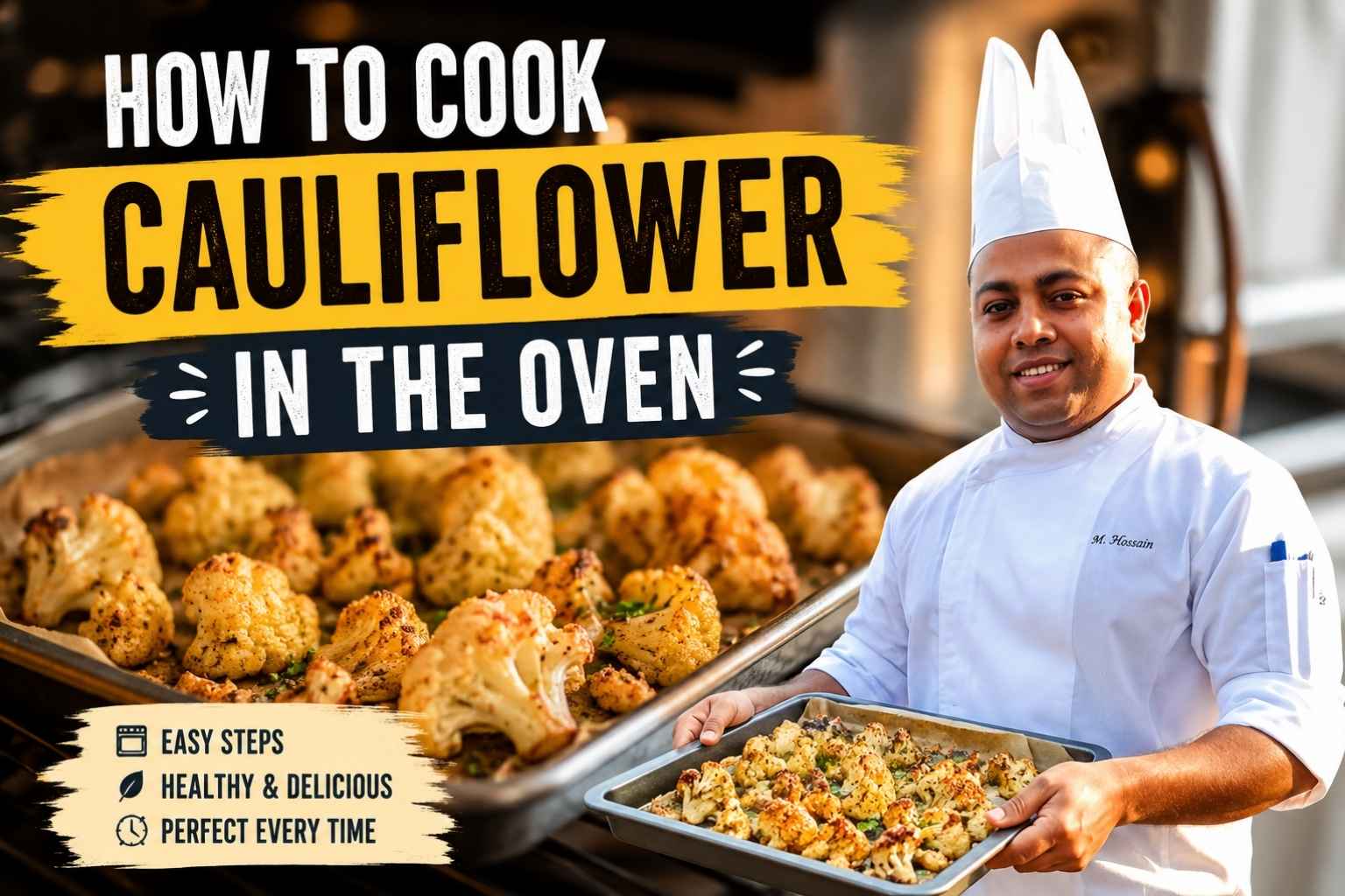 Professional chef in a white chef’s jacket and hat standing on a waterfront boardwalk with a modern city skyline in the background. The chef smiles while leaning on a railing beside the water, creating a welcoming and professional cooking-themed image suitable for an article about how to cook cauliflower in the oven.