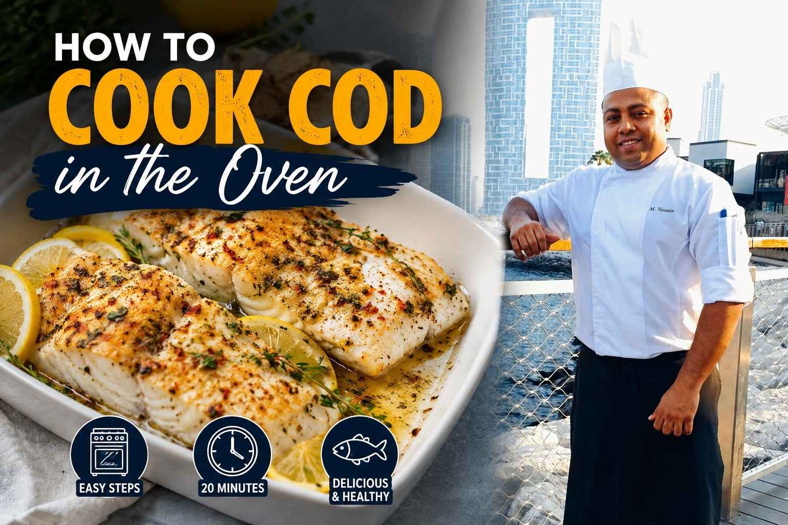 Feature image for “How to Cook Cod in the Oven” showing a chef in a white uniform standing on a waterfront promenade beside a city skyline, alongside a dish of golden-baked cod fillets seasoned with herbs and lemon. Large headline text reads “How to Cook Cod in the Oven,” with icons highlighting easy steps, a 20-minute cooking time, and a healthy, delicious meal.