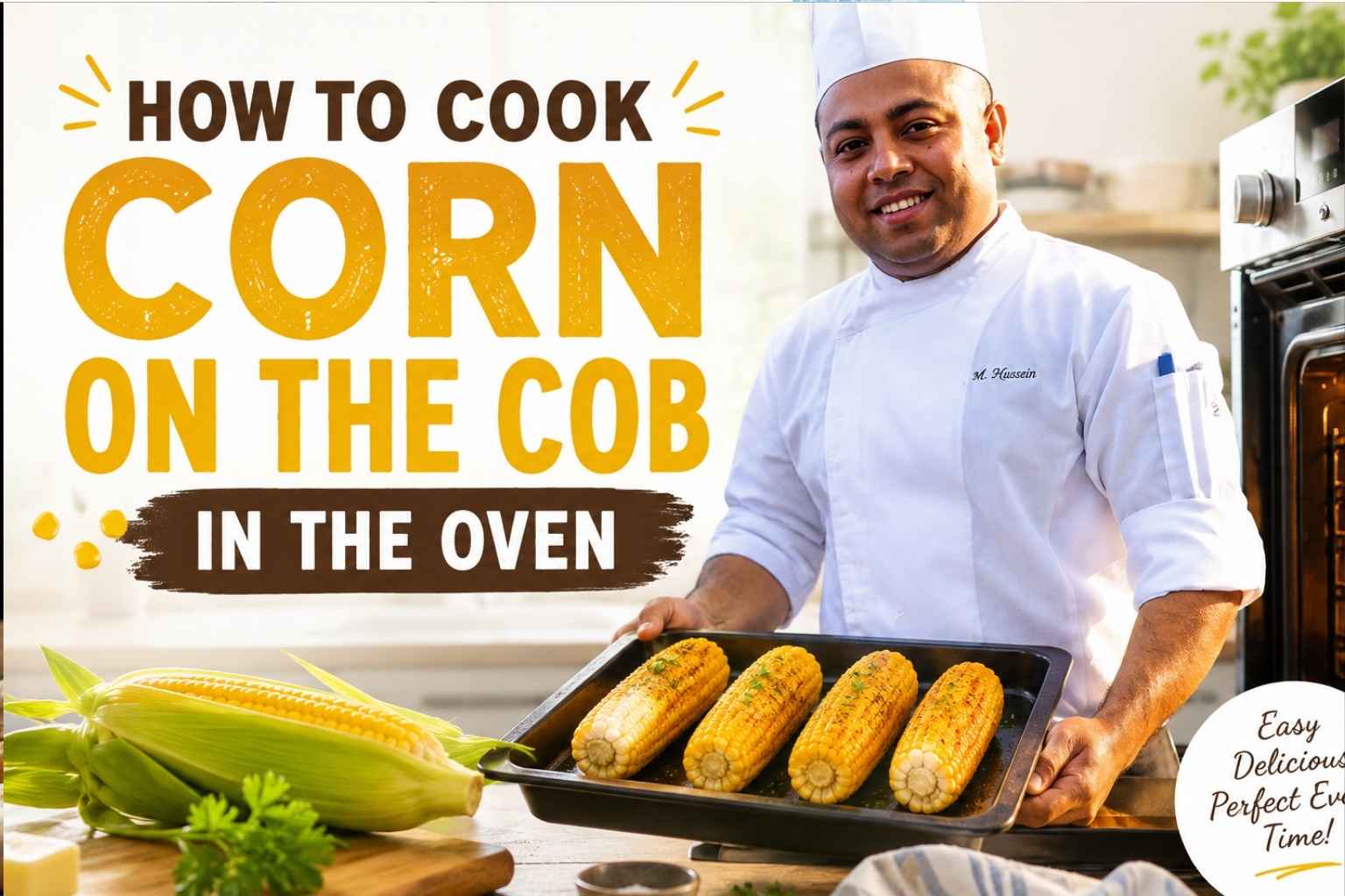 A chef in a white uniform stands in a bright kitchen holding a tray of freshly roasted corn on the cob beside an open oven. The recipe feature image includes bold text reading “How to Cook Corn on the Cob in the Oven,” with golden corn, fresh ingredients, and a warm cooking atmosphere.