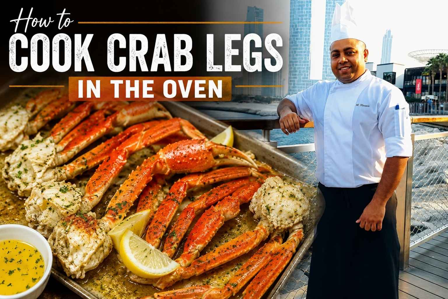 Professional feature image for a cooking tutorial titled “How to Cook Crab Legs in the Oven.” The image shows a tray of golden oven-baked crab legs seasoned with herbs and served with lemon wedges and melted butter on the left side. On the right, a chef in a white uniform and chef hat stands smiling by a waterfront boardwalk with a modern city skyline in the background. Large bold text overlays the image, emphasizing the recipe title. The composition combines seafood cooking and chef expertise, making it ideal for a food blog or recipe article.