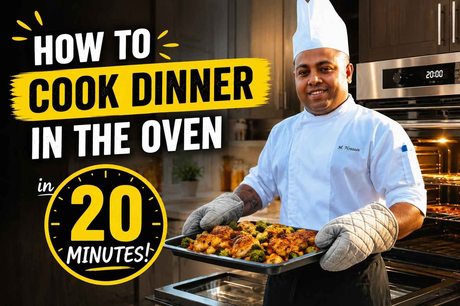 Professional chef in a white uniform and chef’s hat stands in a modern kitchen holding a tray of oven-roasted chicken and vegetables. Large bold text reads “How to Cook Dinner in the Oven in 20 Minutes!” with a prominent 20-minute timer graphic. An open oven glows in the background, creating a warm and inviting atmosphere for a quick and easy dinner cooking tutorial.