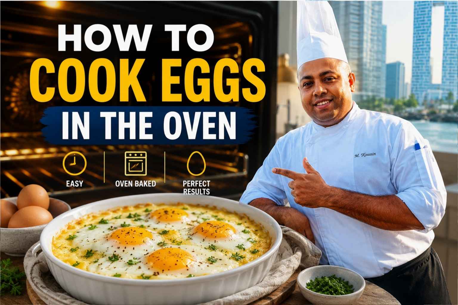 Professional chef standing beside a waterfront promenade with a modern city skyline in the background, featured in a cooking tutorial image titled “How to Cook Eggs in the Oven.” The design showcases a baked egg casserole with perfectly cooked sunny-side eggs, fresh herbs, whole eggs, and an open oven, highlighting an easy oven-baked egg recipe with perfect results.