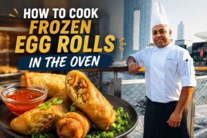 Professional chef standing by a waterfront boardwalk with a modern city skyline in the background, alongside a plate of crispy golden frozen egg rolls served with dipping sauce. Bold headline text reads “How to Cook Frozen Egg Rolls in the Oven,” creating an eye-catching feature image for an oven-baked egg roll recipe guide.