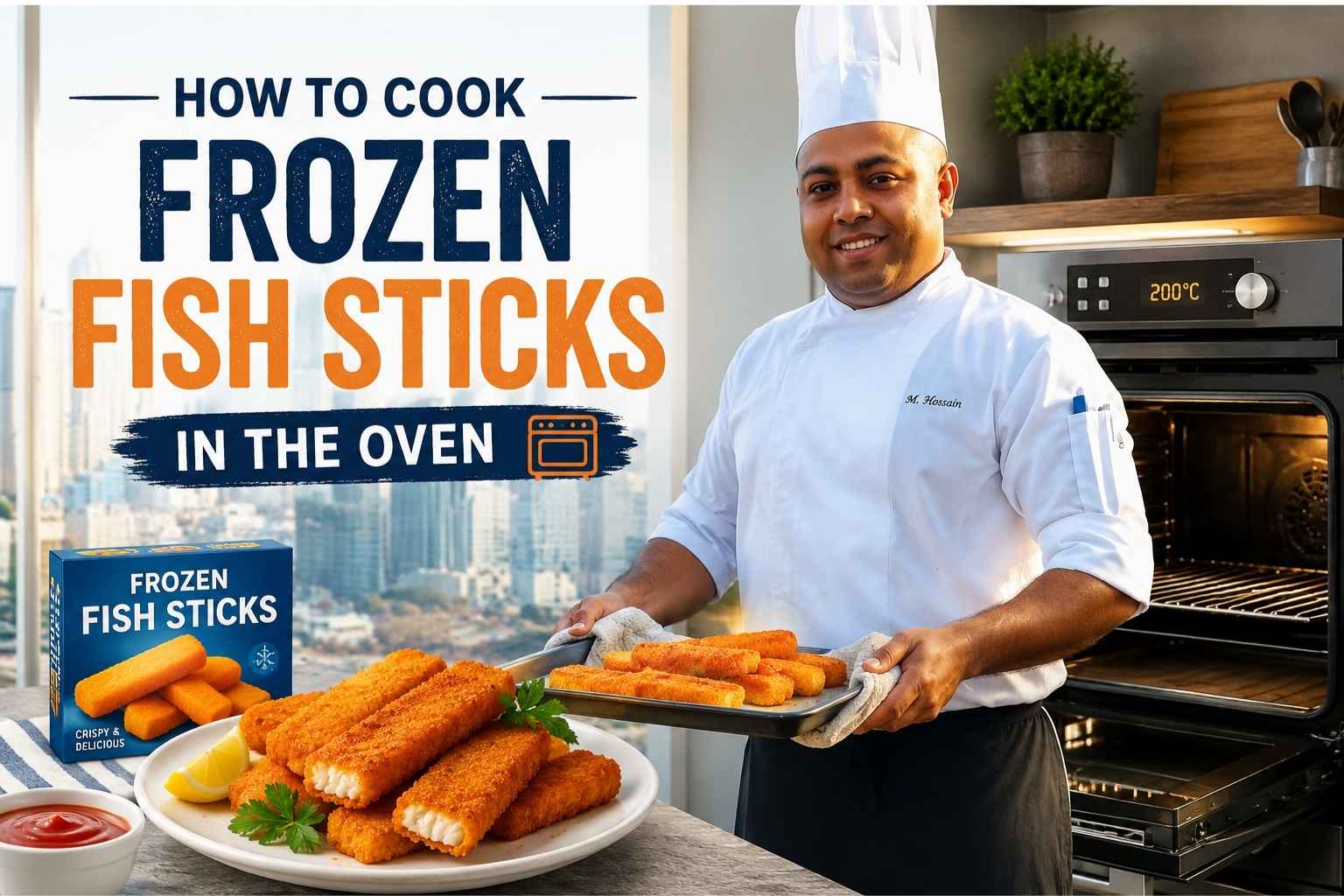 A chef in a white uniform stands in a modern kitchen holding a tray of crispy baked fish sticks beside an open oven. Large text reads “How to Cook Frozen Fish Sticks in the Oven.” A plate of golden fish sticks, a frozen fish sticks box, and dipping sauce sit on the counter in the foreground.