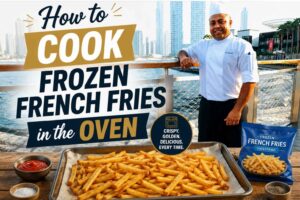 Professional chef in a white uniform and chef’s hat standing by a waterfront promenade with a modern city skyline in the background. In the foreground, a baking tray filled with golden, crispy French fries sits on a wooden table alongside ketchup, salt, pepper, and a bag of frozen French fries. Large headline text reads, “How to Cook Frozen French Fries in the Oven,” with a badge highlighting “Crispy. Golden. Delicious. Every Time.” The image serves as a feature graphic for an oven-baked frozen fries cooking guide.
