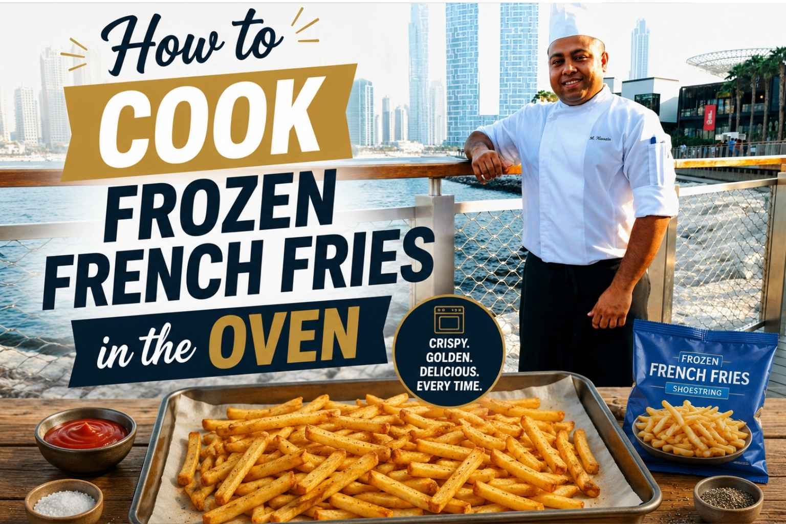 Professional chef in a white uniform and chef’s hat standing by a waterfront promenade with a modern city skyline in the background. In the foreground, a baking tray filled with golden, crispy French fries sits on a wooden table alongside ketchup, salt, pepper, and a bag of frozen French fries. Large headline text reads, “How to Cook Frozen French Fries in the Oven,” with a badge highlighting “Crispy. Golden. Delicious. Every Time.” The image serves as a feature graphic for an oven-baked frozen fries cooking guide.