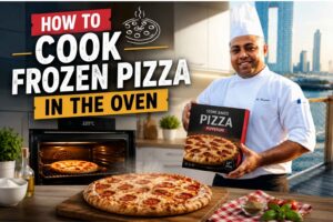 Chef in white uniform holding a frozen pepperoni pizza box beside a baked pizza and oven, with bold text reading "How to Cook Frozen Pizza in the Oven" in a modern kitchen setting.