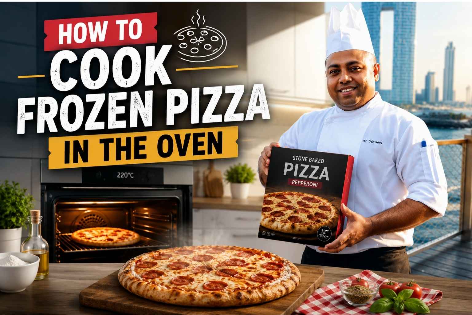 Chef in white uniform holding a frozen pepperoni pizza box beside a baked pizza and oven, with bold text reading "How to Cook Frozen Pizza in the Oven" in a modern kitchen setting.