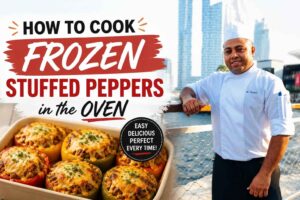 Chef in a white uniform standing by a waterfront promenade with a modern city skyline in the background, alongside a tray of cheesy baked stuffed peppers. Large headline text reads, “How to Cook Frozen Stuffed Peppers in the Oven,” highlighting an easy oven-cooking method for frozen stuffed peppers.