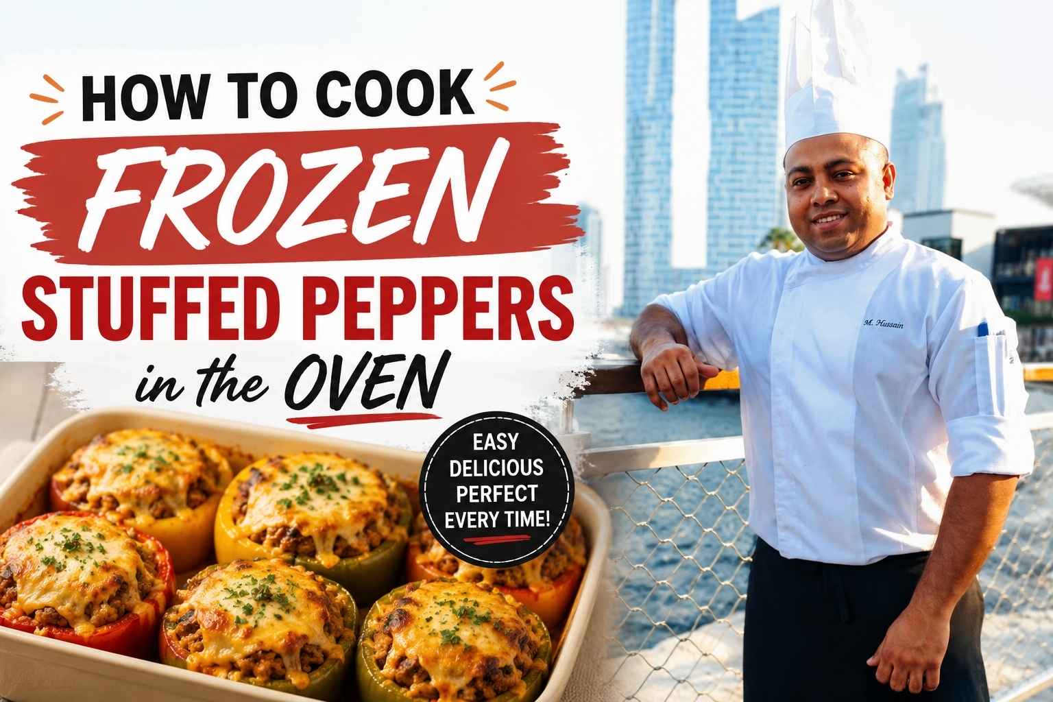 Chef in a white uniform standing by a waterfront promenade with a modern city skyline in the background, alongside a tray of cheesy baked stuffed peppers. Large headline text reads, “How to Cook Frozen Stuffed Peppers in the Oven,” highlighting an easy oven-cooking method for frozen stuffed peppers.