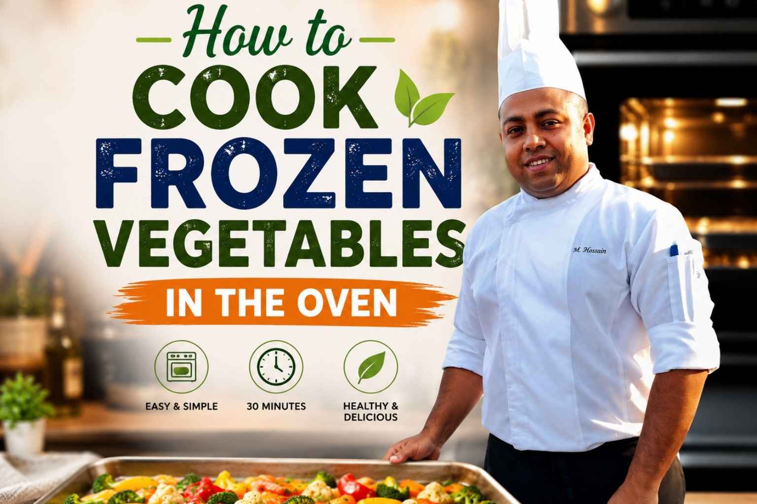 Professional chef standing beside a tray of colorful roasted vegetables in a modern kitchen with an oven in the background. Large text reads “How to Cook Frozen Vegetables in the Oven,” with icons highlighting easy preparation, 30-minute cooking time, and healthy, delicious results. Ideal feature image for an oven-roasted frozen vegetables recipe guide.