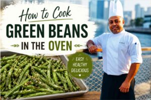 Feature image for a cooking tutorial titled “How to Cook Green Beans in the Oven.” A professional chef in a white chef’s jacket and hat stands smiling beside a waterfront promenade with a modern city skyline in the background. On the left, large text reads “How to Cook Green Beans in the Oven,” above a tray of roasted green beans. A green badge highlights the recipe as “Easy, Healthy, Delicious.” The design uses fresh green accents and a clean, modern food-blog style.