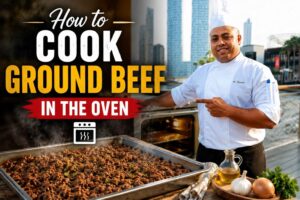 Chef in a white uniform standing on a waterfront deck with a city skyline behind him, pointing toward a tray of cooked ground beef beside an oven, with bold text reading “How to Cook Ground Beef in the Oven.”
