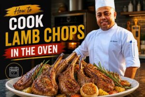 Professional chef in a white uniform and tall chef hat standing in a modern kitchen beside a platter of golden-brown oven-roasted lamb chops garnished with rosemary, lemon, and roasted vegetables. Bold text reads “How to Cook Lamb Chops in the Oven,” creating a vibrant cooking tutorial feature image.