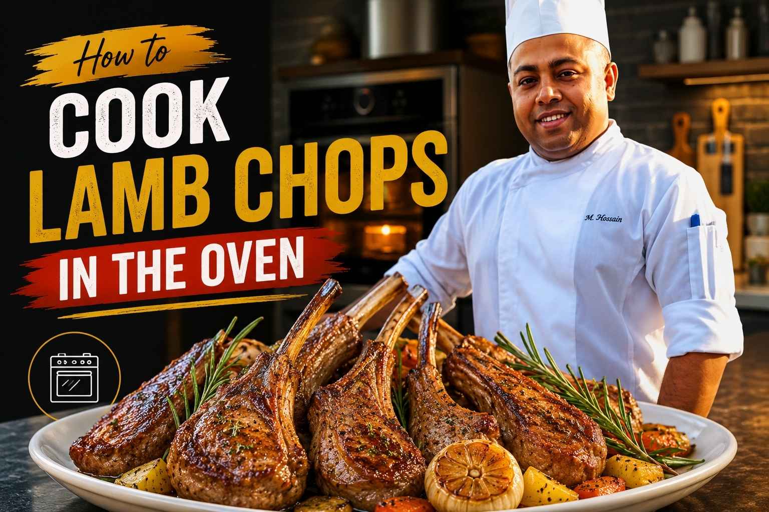 Professional chef in a white uniform and tall chef hat standing in a modern kitchen beside a platter of golden-brown oven-roasted lamb chops garnished with rosemary, lemon, and roasted vegetables. Bold text reads “How to Cook Lamb Chops in the Oven,” creating a vibrant cooking tutorial feature image.