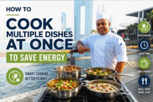 Chef in a white uniform standing beside multiple cooking pans filled with different dishes, with a city waterfront background. The feature graphic promotes “How to Cook Multiple Dishes at Once to Save Energy” with icons highlighting saving energy, time, money, and easier meal preparation.