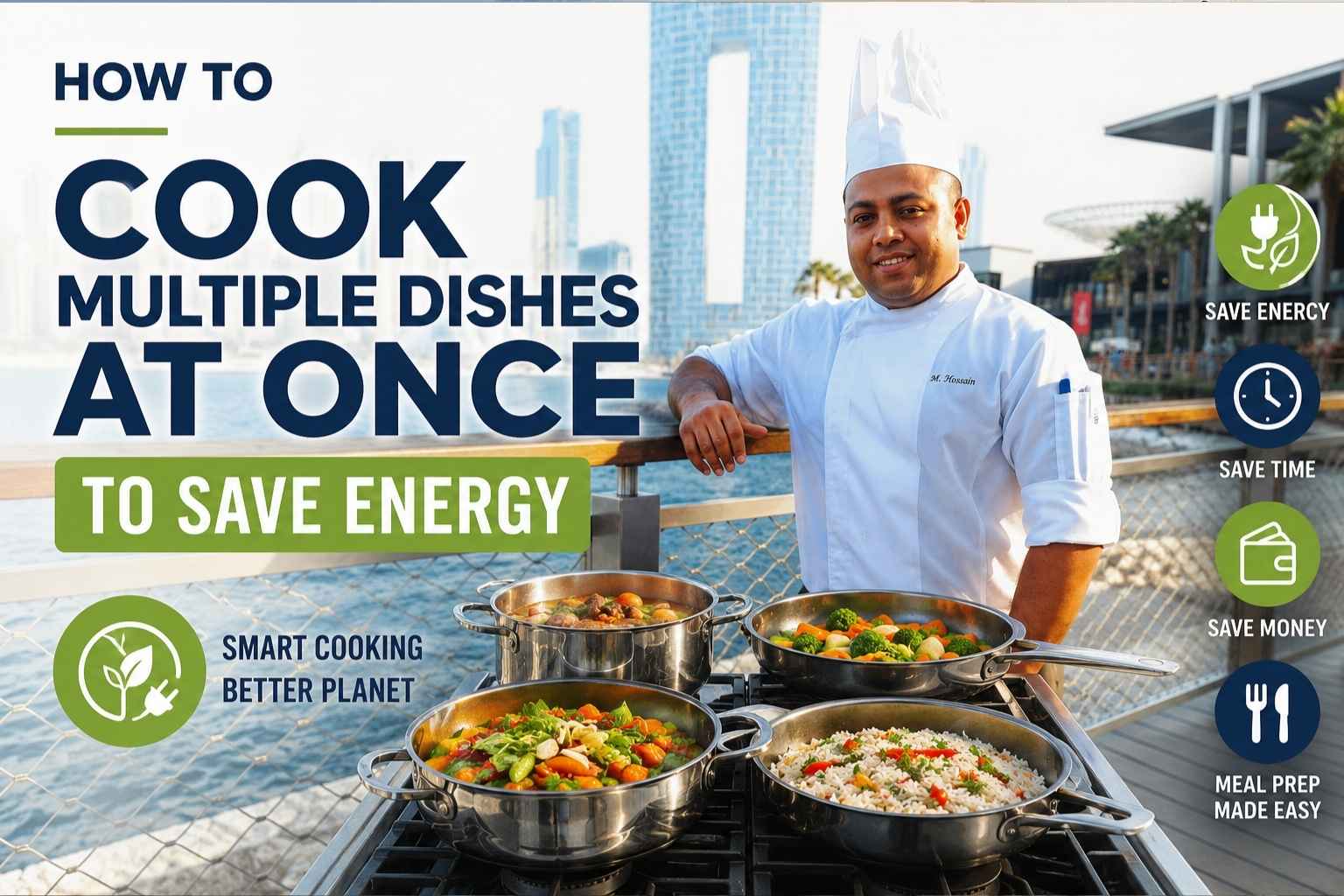 Chef in a white uniform standing beside multiple cooking pans filled with different dishes, with a city waterfront background. The feature graphic promotes “How to Cook Multiple Dishes at Once to Save Energy” with icons highlighting saving energy, time, money, and easier meal preparation.