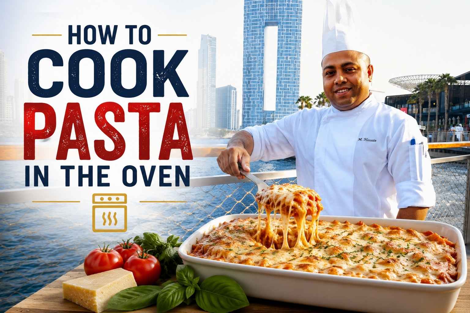"Feature image for a cooking tutorial titled 'How to Cook Pasta in the Oven.' A chef in a white uniform and hat stands on a waterfront promenade with a modern city skyline in the background. He serves a portion of cheesy baked pasta from a large casserole dish topped with melted cheese. Fresh tomatoes, basil leaves, and a wedge of Parmesan cheese are displayed in the foreground. Large bold text on the left reads 'How to Cook Pasta in the Oven.'"