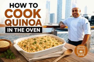 Chef M. Hossain stands by a waterfront boardwalk with a city skyline in the background next to a large baked quinoa dish. Bold text reads “How to Cook Quinoa in the Oven,” with an oven icon, quinoa grains, and cooking props arranged in the foreground, creating a professional food tutorial feature image.
