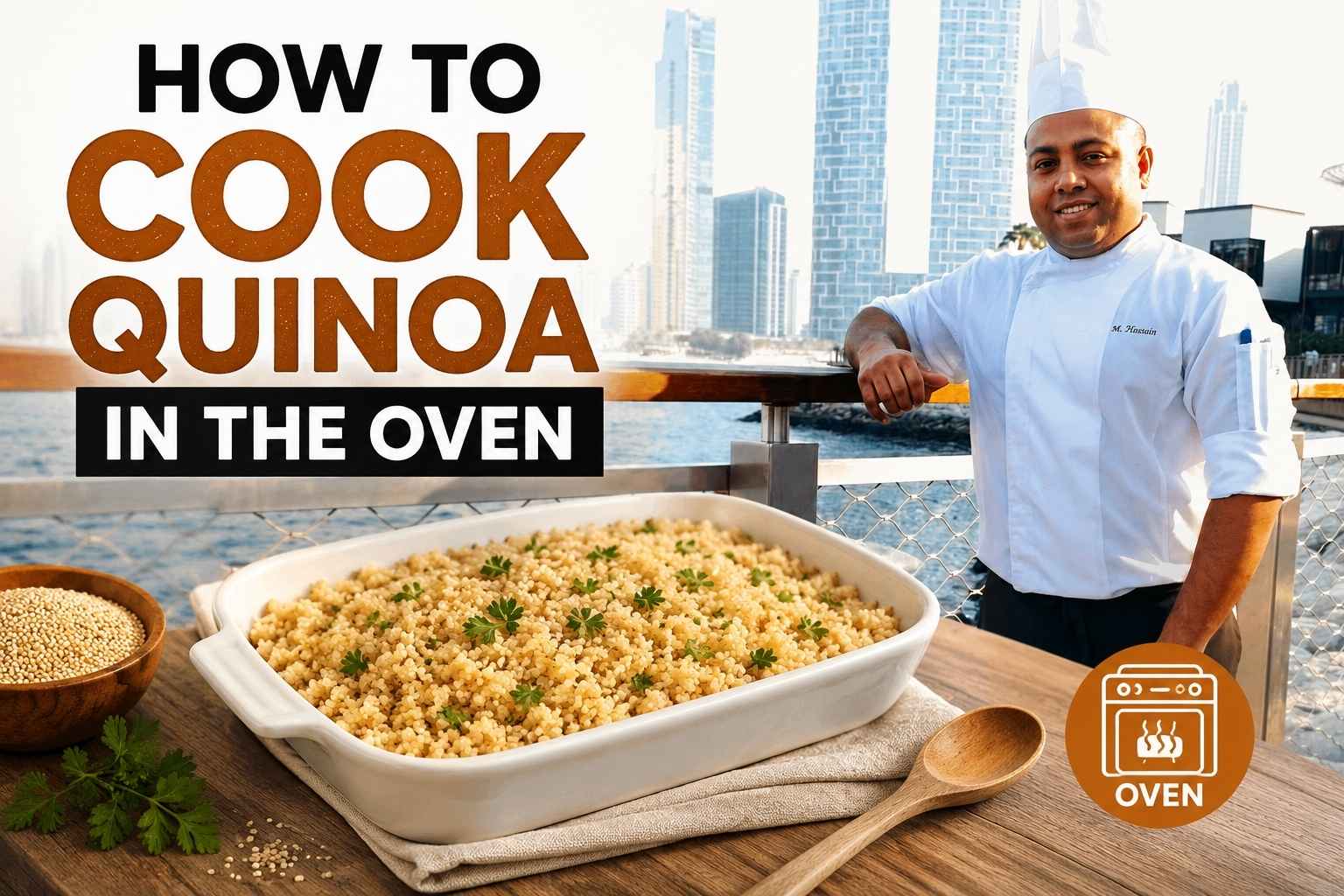 Chef M. Hossain stands by a waterfront boardwalk with a city skyline in the background next to a large baked quinoa dish. Bold text reads “How to Cook Quinoa in the Oven,” with an oven icon, quinoa grains, and cooking props arranged in the foreground, creating a professional food tutorial feature image.