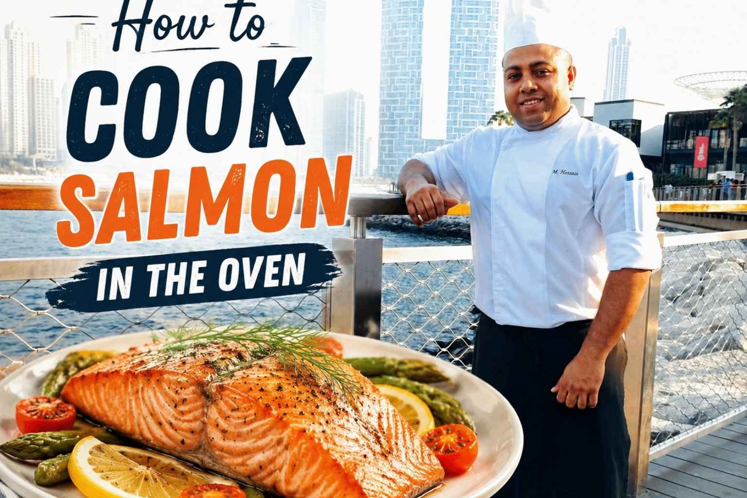 Professional chef beside a baked salmon fillet with lemon and vegetables, illustrating a step-by-step guide on how to cook salmon in the oven.