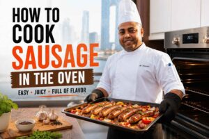 Chef holding a tray of roasted sausages with peppers and onions beside an oven, with text reading “How to Cook Sausage in the Oven”.