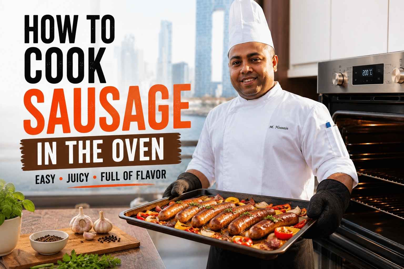 Chef holding a tray of roasted sausages with peppers and onions beside an oven, with text reading “How to Cook Sausage in the Oven”.