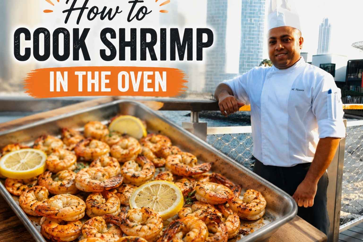 A professional chef in a white uniform stands on a waterfront boardwalk with a modern city skyline in the background. In the foreground, a tray of golden-brown roasted shrimp garnished with lemon slices is prominently displayed. Large bold text reads, “How to Cook Shrimp in the Oven,” making the image a featured graphic for a shrimp cooking tutorial.