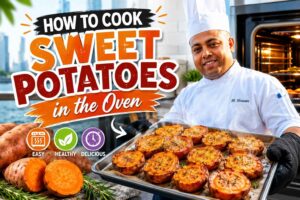 Professional chef in a white uniform standing by a waterfront city skyline next to a large image of baked sweet potatoes. The feature image includes bold text reading “How to Cook Sweet Potatoes in the Oven” and highlights an easy, healthy, and delicious oven-baked sweet potato recipe.