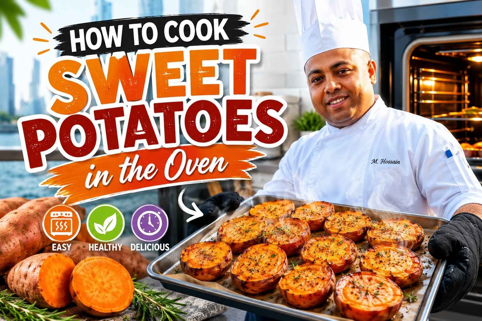 Professional chef in a white uniform standing by a waterfront city skyline next to a large image of baked sweet potatoes. The feature image includes bold text reading “How to Cook Sweet Potatoes in the Oven” and highlights an easy, healthy, and delicious oven-baked sweet potato recipe.