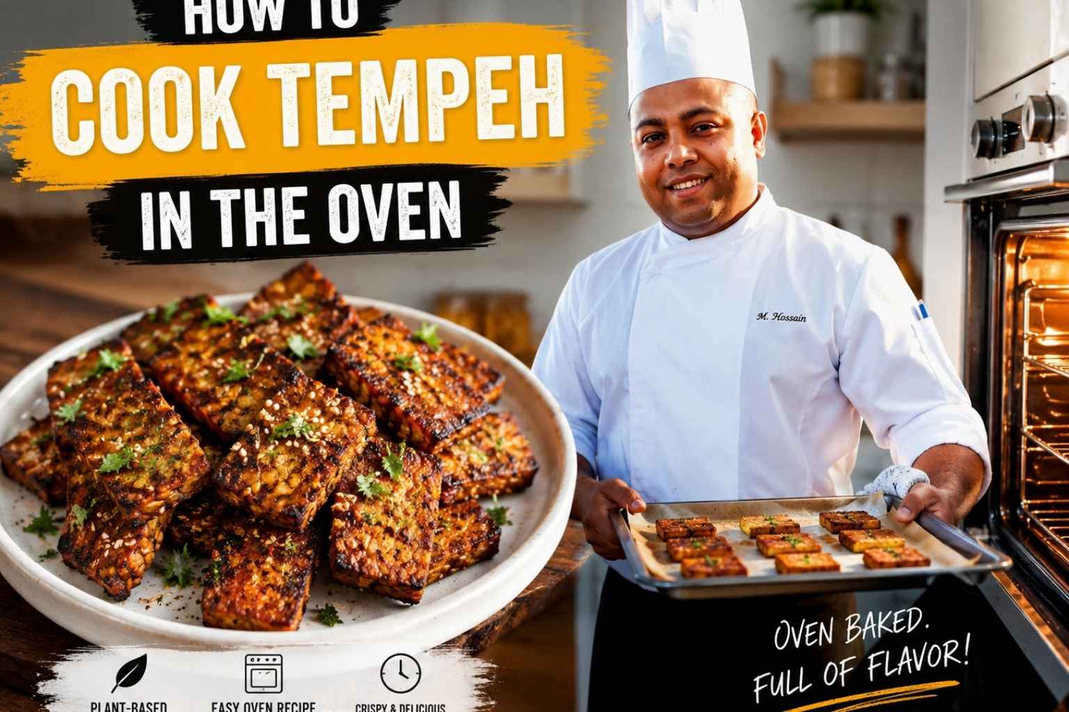 Feature image showing a chef in a white uniform holding a tray of oven-baked tempeh in a modern kitchen beside a plate of crispy roasted tempeh. Bold text reads "How to Cook Tempeh in the Oven," highlighting an easy plant-based recipe with crispy, delicious results.