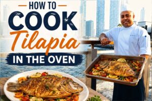 Professional chef in a white uniform and chef hat standing on a waterfront promenade, holding a tray of oven-baked tilapia garnished with lemon slices and vegetables, with a plated baked tilapia in the foreground and bold text reading "How to Cook Tilapia in the Oven" against a modern city skyline backdrop.