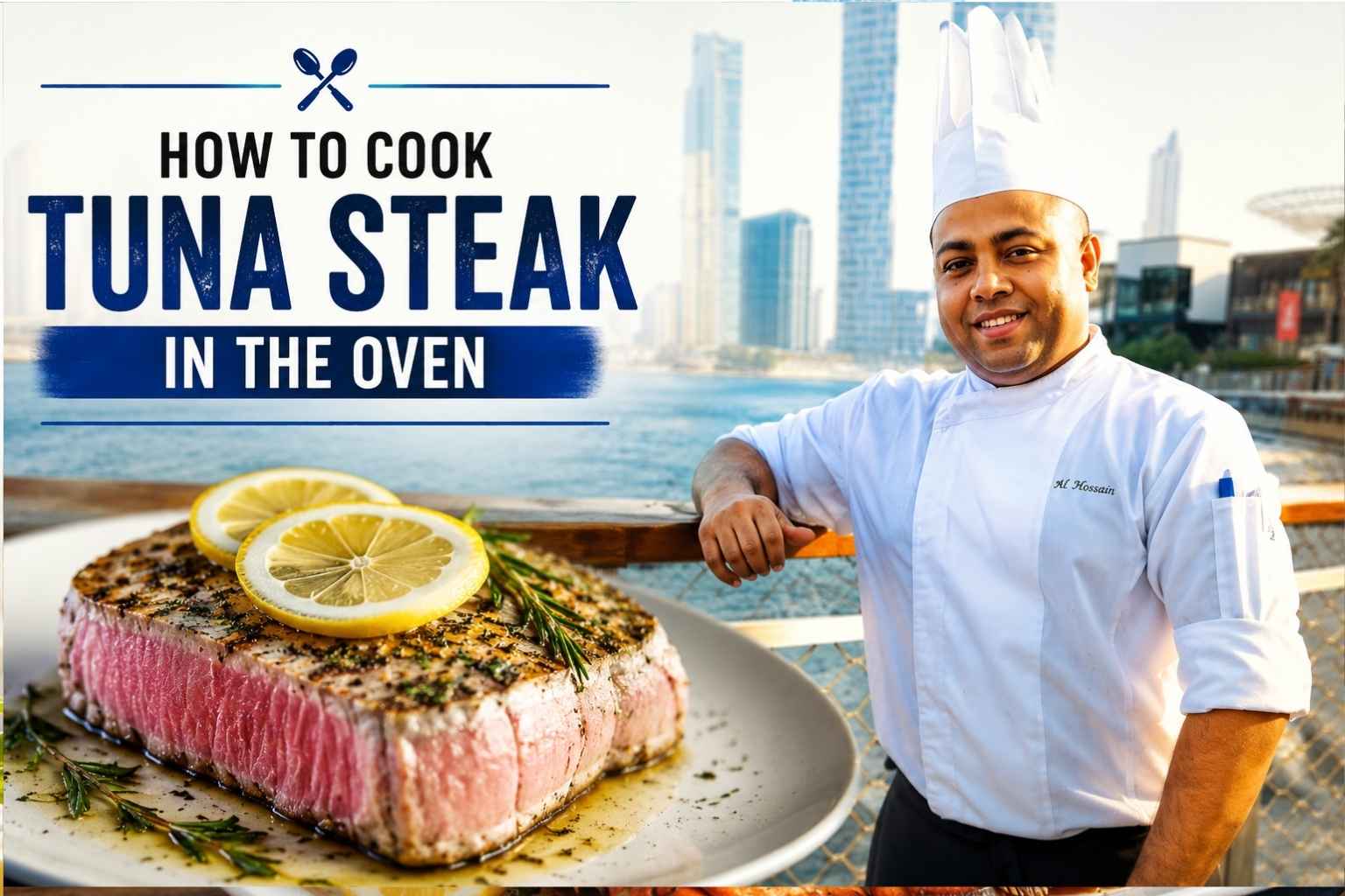 Professional chef in a white uniform standing by a waterfront boardwalk with a modern city skyline in the background, alongside a plated grilled tuna steak topped with lemon slices and herbs. Large bold text reads, “How to Cook Tuna Steak in the Oven,” creating an eye-catching feature image for a seafood cooking tutorial.