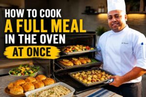 Chef standing beside an open oven filled with multiple trays of food, including roasted vegetables, chicken, and potatoes, demonstrating how to prepare a complete meal at once. Fresh salad, bread rolls, and a rice dish are displayed on the countertop in a modern kitchen. Large bold text reads: “How to Cook a Full Meal in the Oven at Once.” The image conveys efficient meal planning, batch cooking, and home cooking convenience.