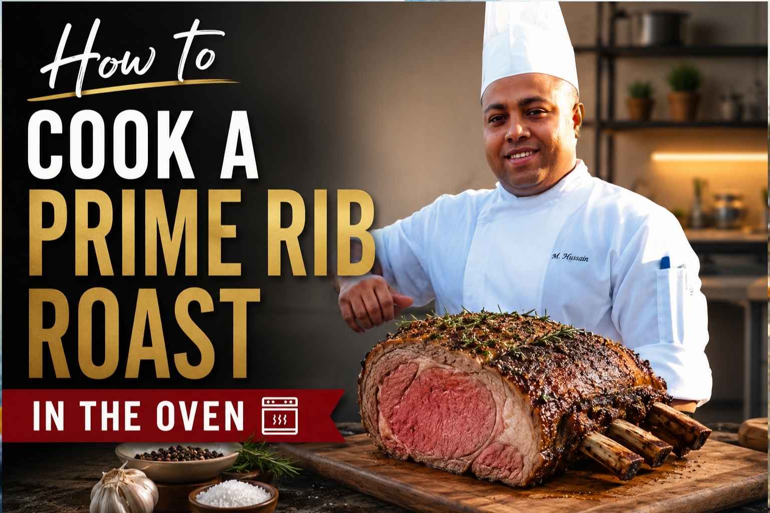 "Feature image for a prime rib roast recipe showing a smiling chef in a white uniform standing beside a perfectly roasted bone-in prime rib on a wooden cutting board. Large bold text reads 'How to Cook a Prime Rib Roast in the Oven' against a modern kitchen background with garlic, herbs, and seasonings in the foreground."