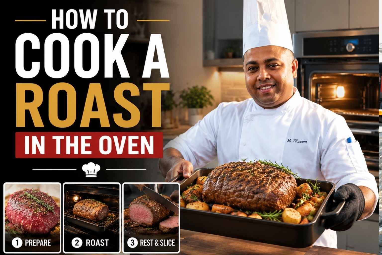 "Feature image for a cooking tutorial titled 'How to Cook a Roast in the Oven.' A smiling chef in a white uniform and tall chef hat presents a roasting pan with a browned roast and vegetables in a modern kitchen. Large bold text reads 'How to Cook a Roast in the Oven.' Along the bottom are step-by-step images showing roast preparation, oven roasting, and slicing, with icons highlighting easy instructions, tender results, and delicious flavor."