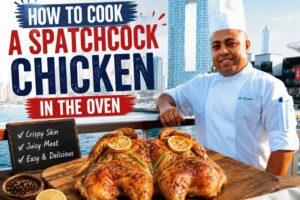 "Professional chef in a white chef’s uniform standing by a waterfront boardwalk with a modern city skyline in the background. A large roasted turkey in a roasting pan is featured prominently in the foreground. Bold headline text reads ‘How Long to Cook a Turkey in the Oven Per Pound,’ with icons highlighting cook time per pound, oven temperature, and tips for a juicy, perfectly cooked turkey."