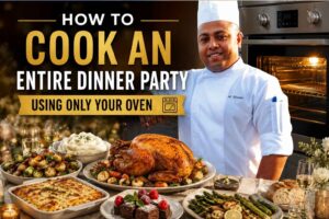 A chef in a white uniform and hat poses beside a glowing oven while a fully prepared dinner party spread sits on a table in front of him, including a roasted chicken, vegetables, side dishes, and dessert. Large text reads “How to Cook an Entire Dinner Party Using Only Your Oven.”