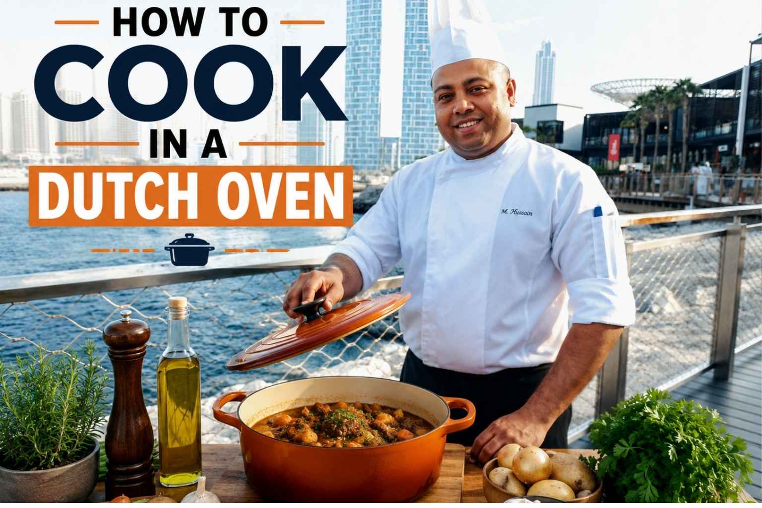 Professional chef in a white uniform and tall chef’s hat standing beside a large orange Dutch oven on a waterfront boardwalk with a modern city skyline in the background. The chef lifts the Dutch oven lid to reveal a hearty cooked meal, surrounded by fresh herbs, vegetables, garlic, olive oil, and a pepper grinder. Large headline text reads “How to Cook in a Dutch Oven,” creating an eye-catching feature image for a cooking tutorial.