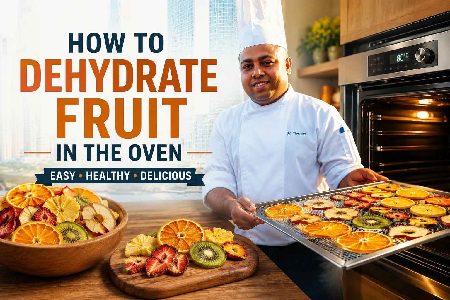 Smiling chef in a white uniform holding a tray of colorful dehydrated fruit slices beside an open oven in a modern kitchen. Fresh oranges, apples, strawberries, kiwi, and pineapple are displayed on a wooden counter, with bold text reading “How to Dehydrate Fruit in the Oven – Easy, Healthy, Delicious.”